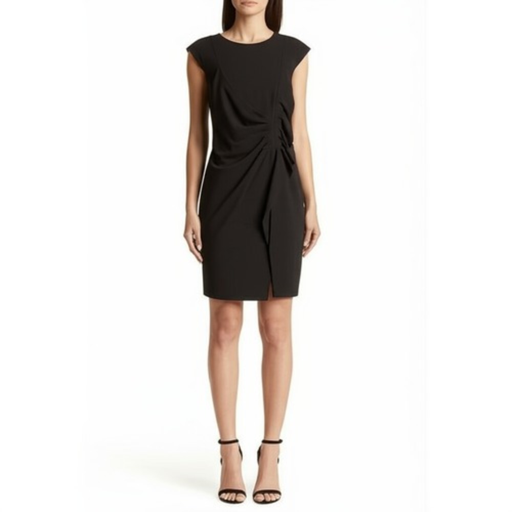 ENFOCUS STUDIO Black Ruched Sheath Dress Womens 14 Cap Sleeve Slit Cocktail
